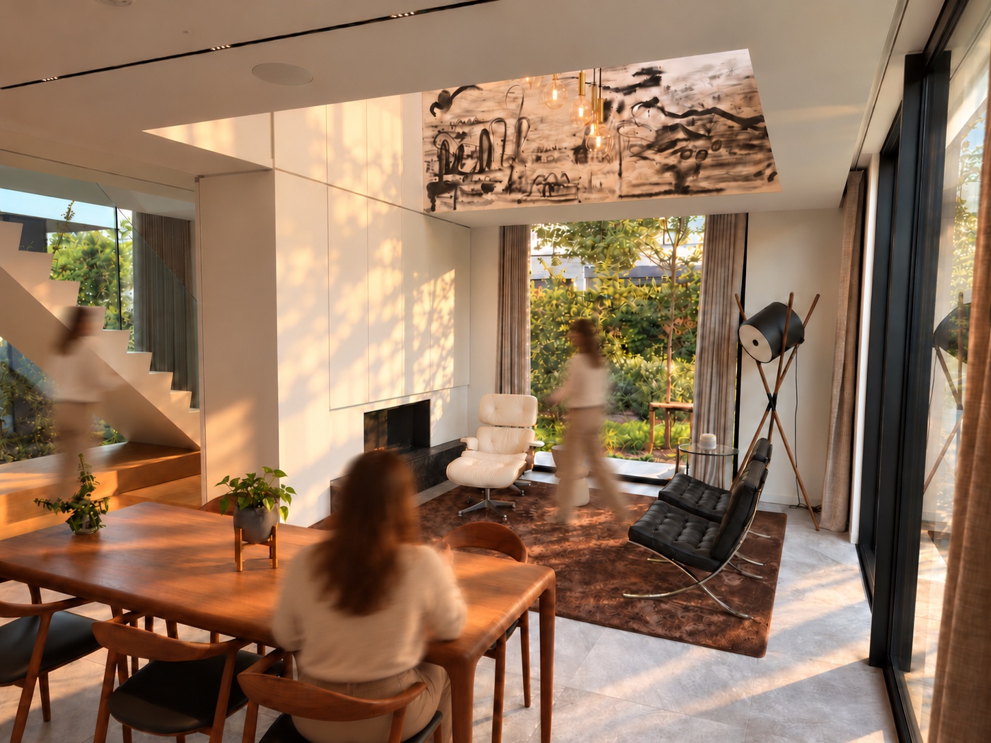 Our First Habitat in warm afternoon sunlight, with unrecognisable motion-blurred people walking through the space and one person seated at the dining table