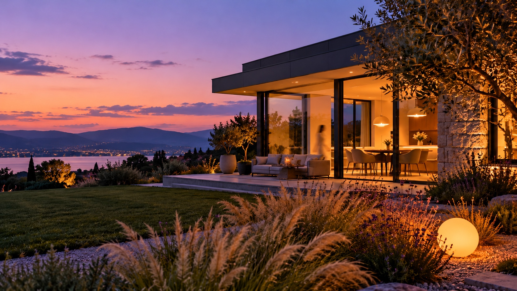A contemporary home at dusk, an orange orb lamp in the garden and one softly motion-blurred person walking inside