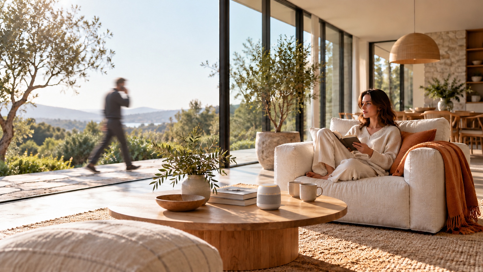 A quiet reading moment with Aura on the coffee table, while an unrecognisable motion-blurred man walks outside from left to right talking on his phone