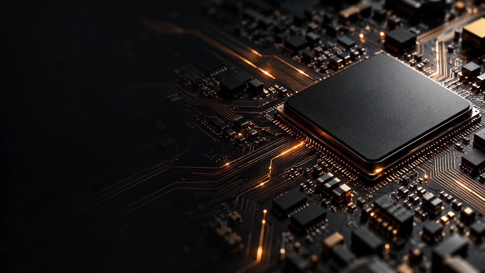 A black processor and finely etched circuit board with warm orange details